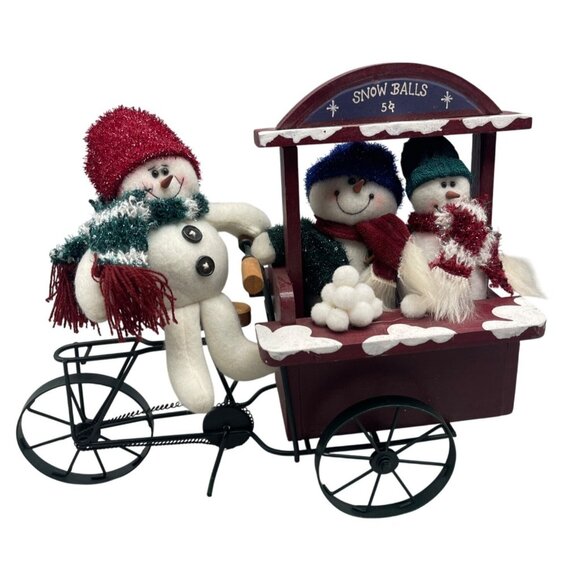 Vintage Christmas 3 snowmen on bicycle wooden trailer selling snowballs 5¢ READ - Picture 1 of 10
